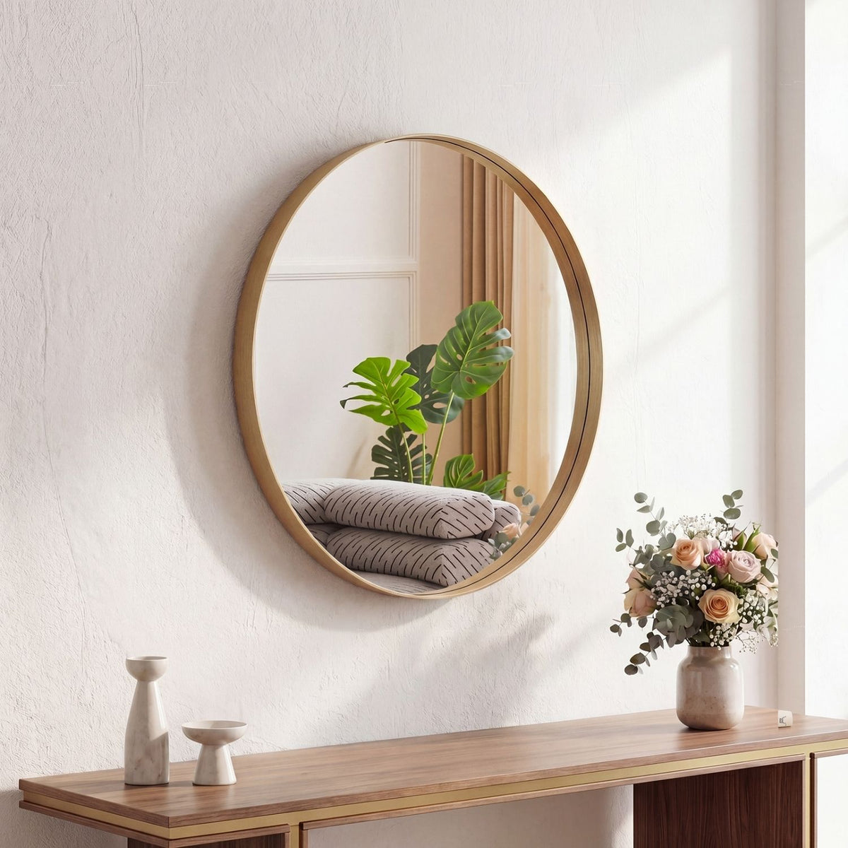 Round Metal Frame Wall Mirror, Slim Circular Border, Black or Gold, 20 to 28 in. for Living Room — Gold · 20 in