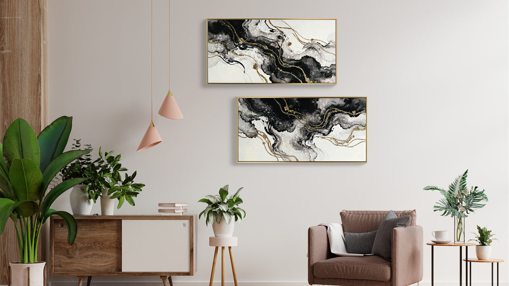 Framed Black and White Abstract Canvas Wall Art, Minimalist Prints, Set of 2