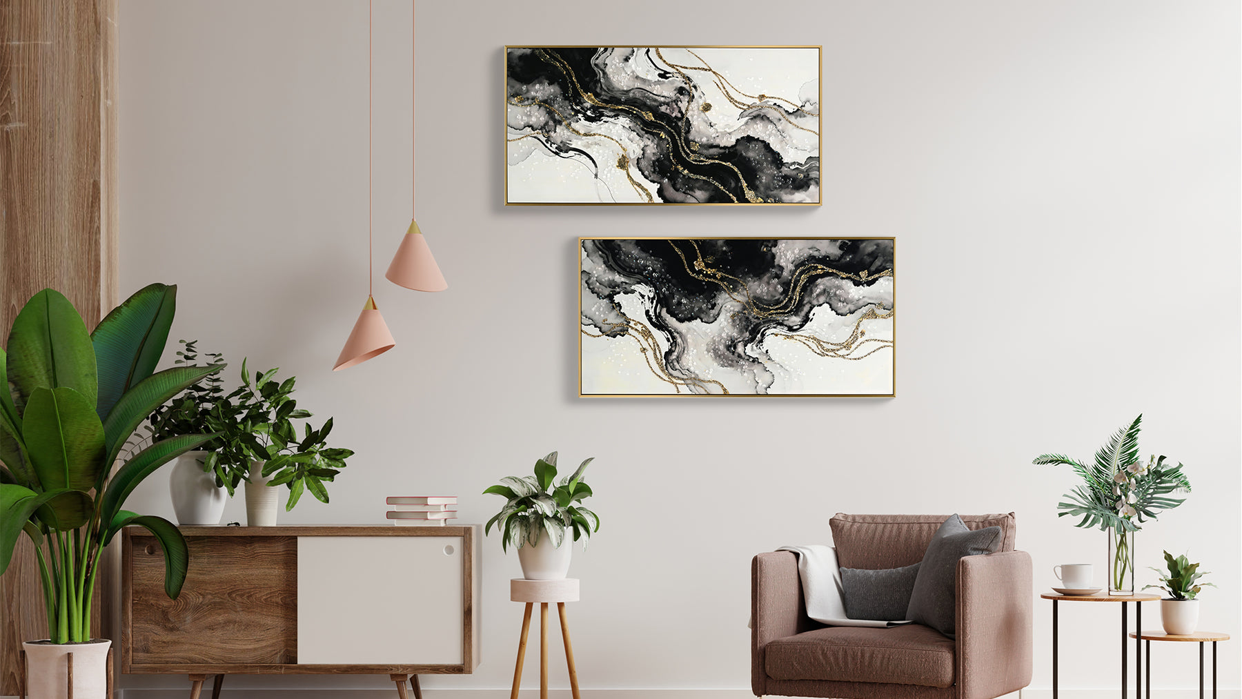 Framed Black and White Abstract Canvas Wall Art, Minimalist Prints, Set of 2 — detail view