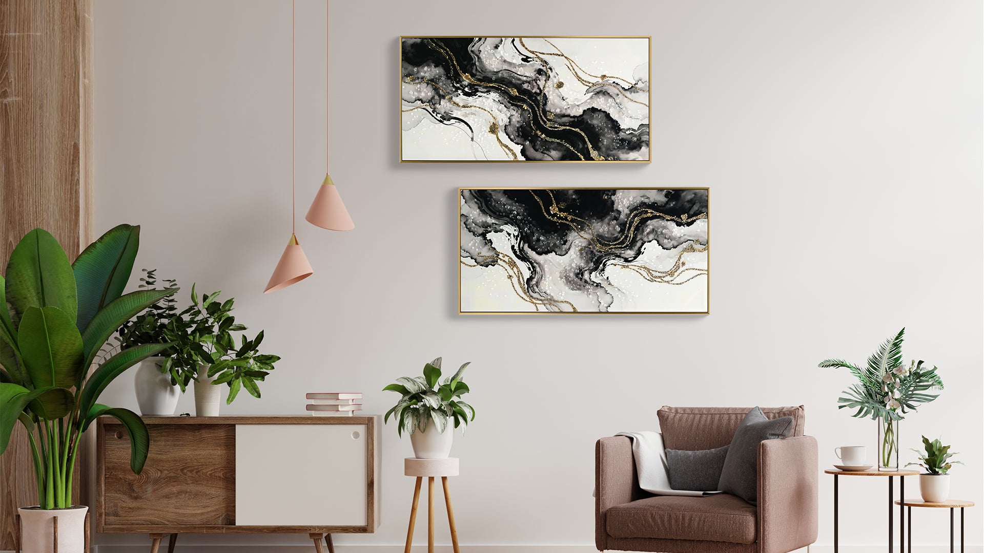 Framed Black and White Abstract Canvas Wall Art, Minimalist Prints, Set of 2