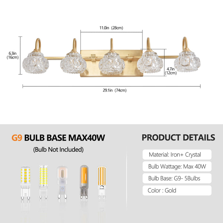 Dimension diagram for Modern Crystal Bathroom Vanity Light, Clear Crystal Glass Shades, Gold, 29 in., for Bathroom