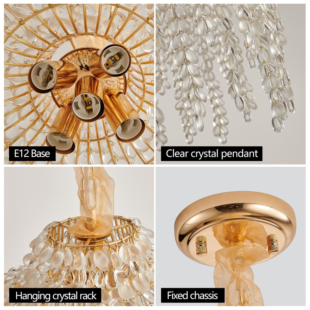Crystal 5-Light Waterfall Chandelier, Cascading Bead Strings, Gold Finish, 16 in.