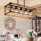 Walnut & Black Industrial Farmhouse Rectangular Pendant Light, 5-Light Chandelier, 32 in.