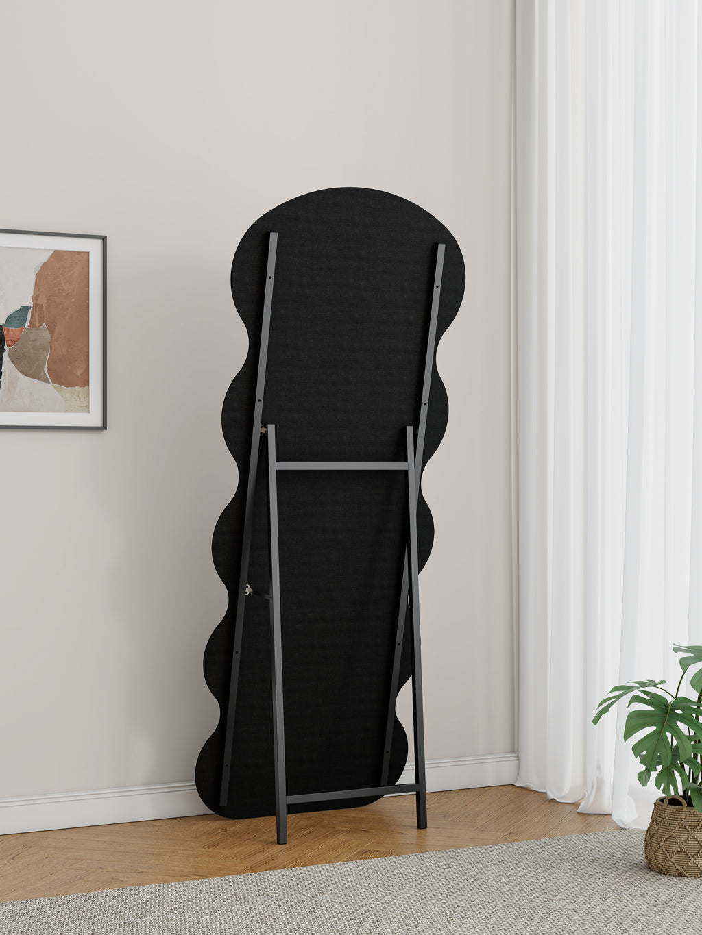 Flannel Full Length Wave Black Floor Mirror With Stand For Bedroom Liv