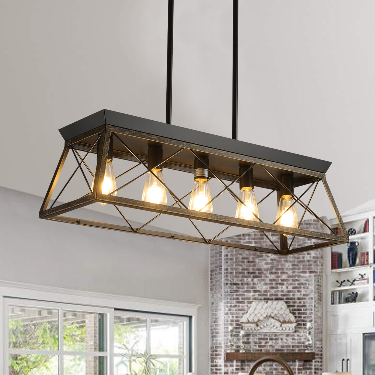 Black & Gold Industrial 5-Light Pendant Chandelier, Mesh Frame, 32 in. — detail view 4