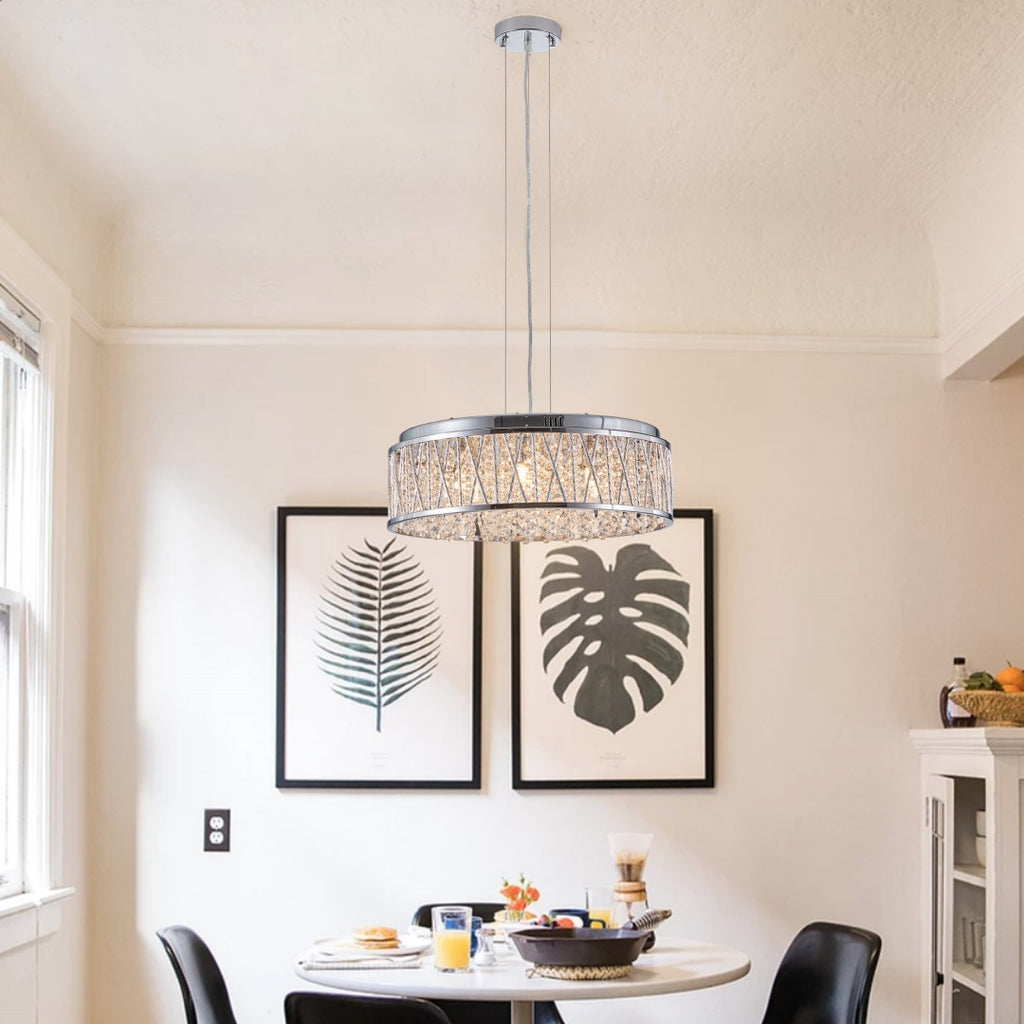 Modern Round Crystal Chandelier, Aluminum & Iron Frame, Chrome Finish, 19 in.