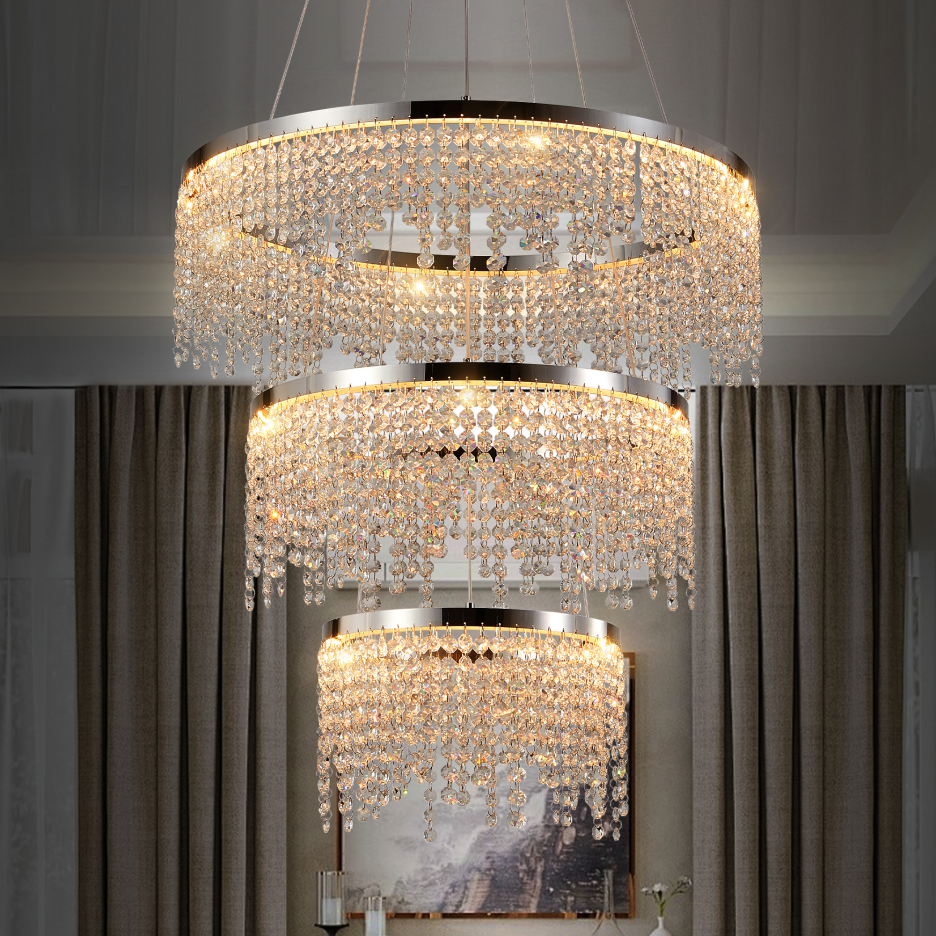 24 In. Round Crystal LED Chandelier, Chrome, Adjustable Color Temp
