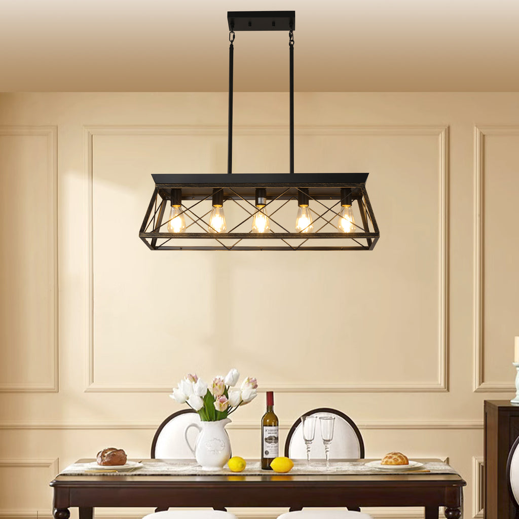 Black & Gold Industrial 5-Light Pendant Chandelier, Mesh Frame, 32 in.