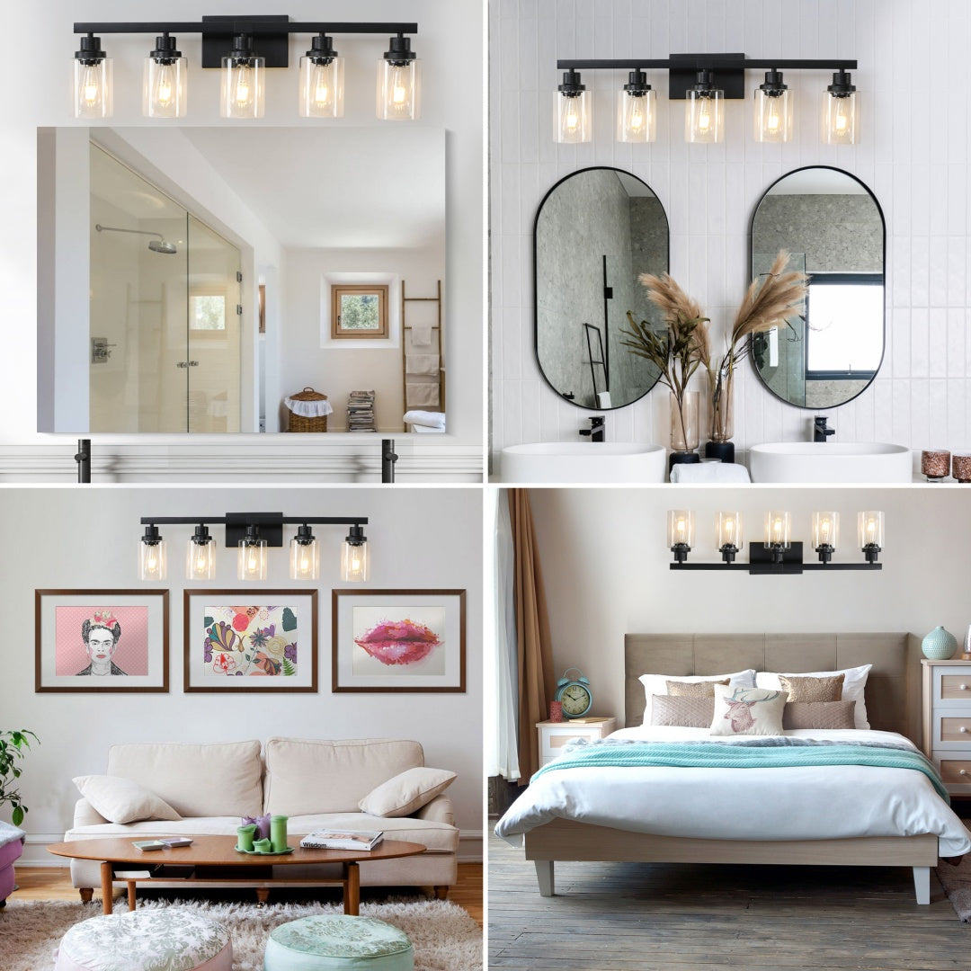Modern Farmhouse 5-Light Bathroom Vanity Light, Matte Black, 31 in. over Mirror — detail view 2