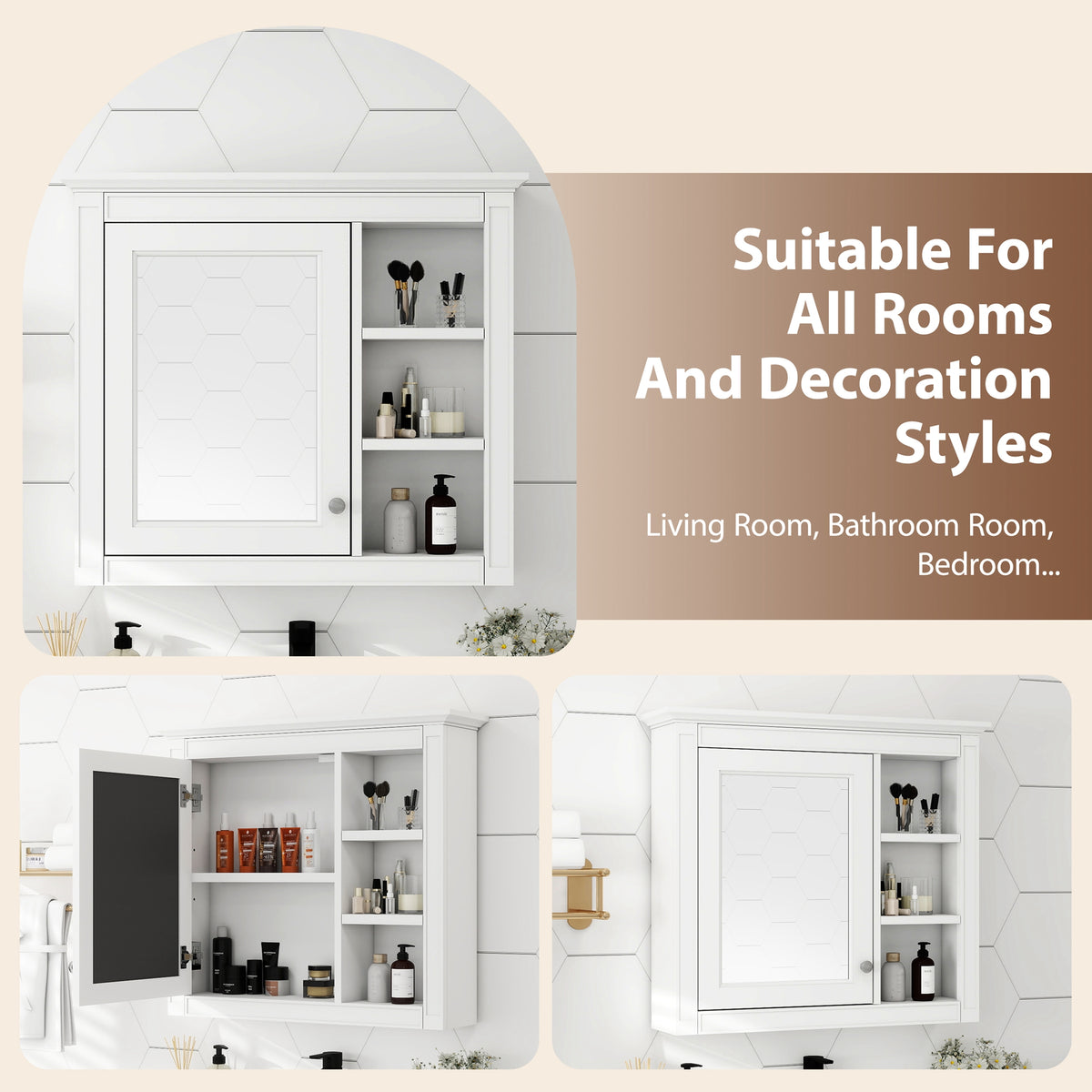 Modern Wall-Mounted Bathroom Medicine Cabinet with Mirror, White Storage Cabinet, 30 x 28 in. — detail view 3