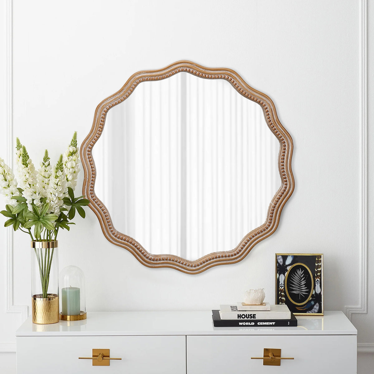 Wood Round Wavy Scalloped Wall Mirror, Decorative Vanity Mirror, Antique Natural, 23.6 in. for Bathroom — detail view 2