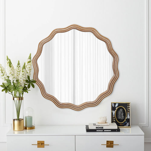 23.62 Inches Wood Round Wavy Wall Mirror Round Wall Mirror Scalloped M