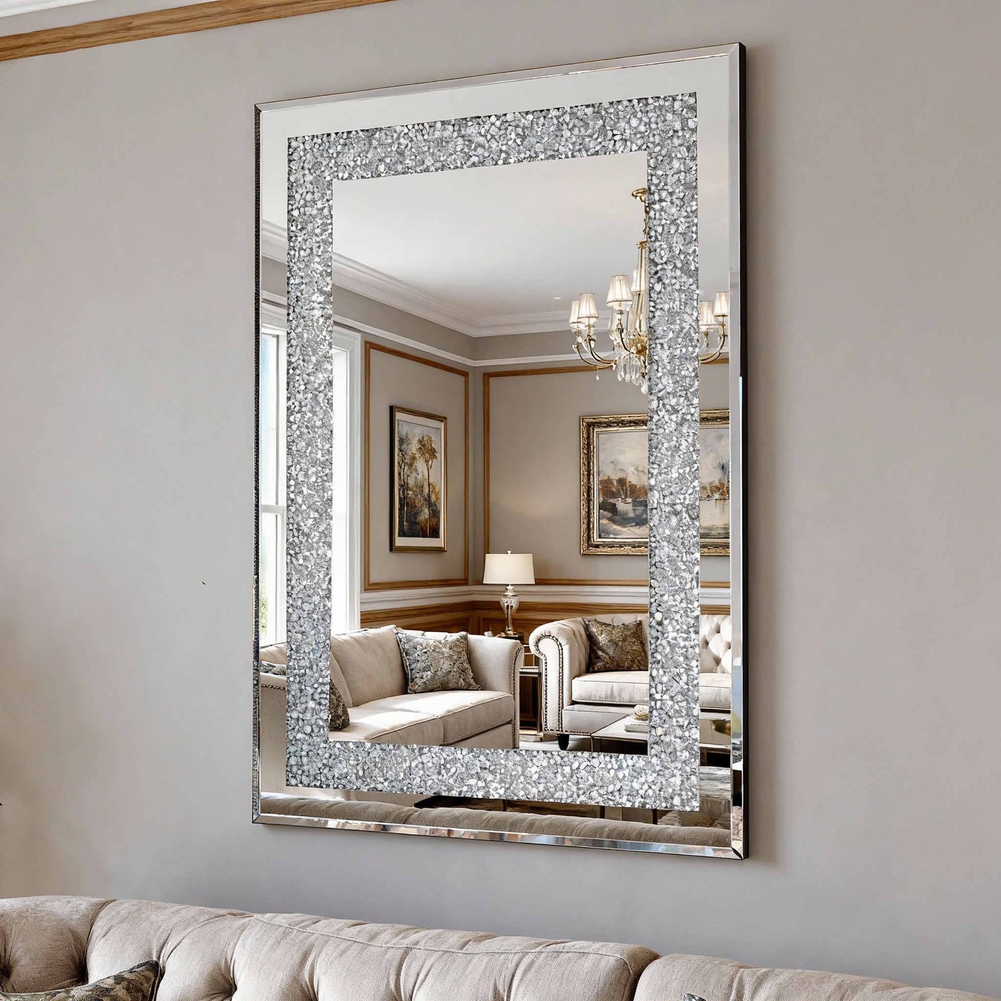 Crystal Crush Diamond Rectangle Silver Mirror For Wall
