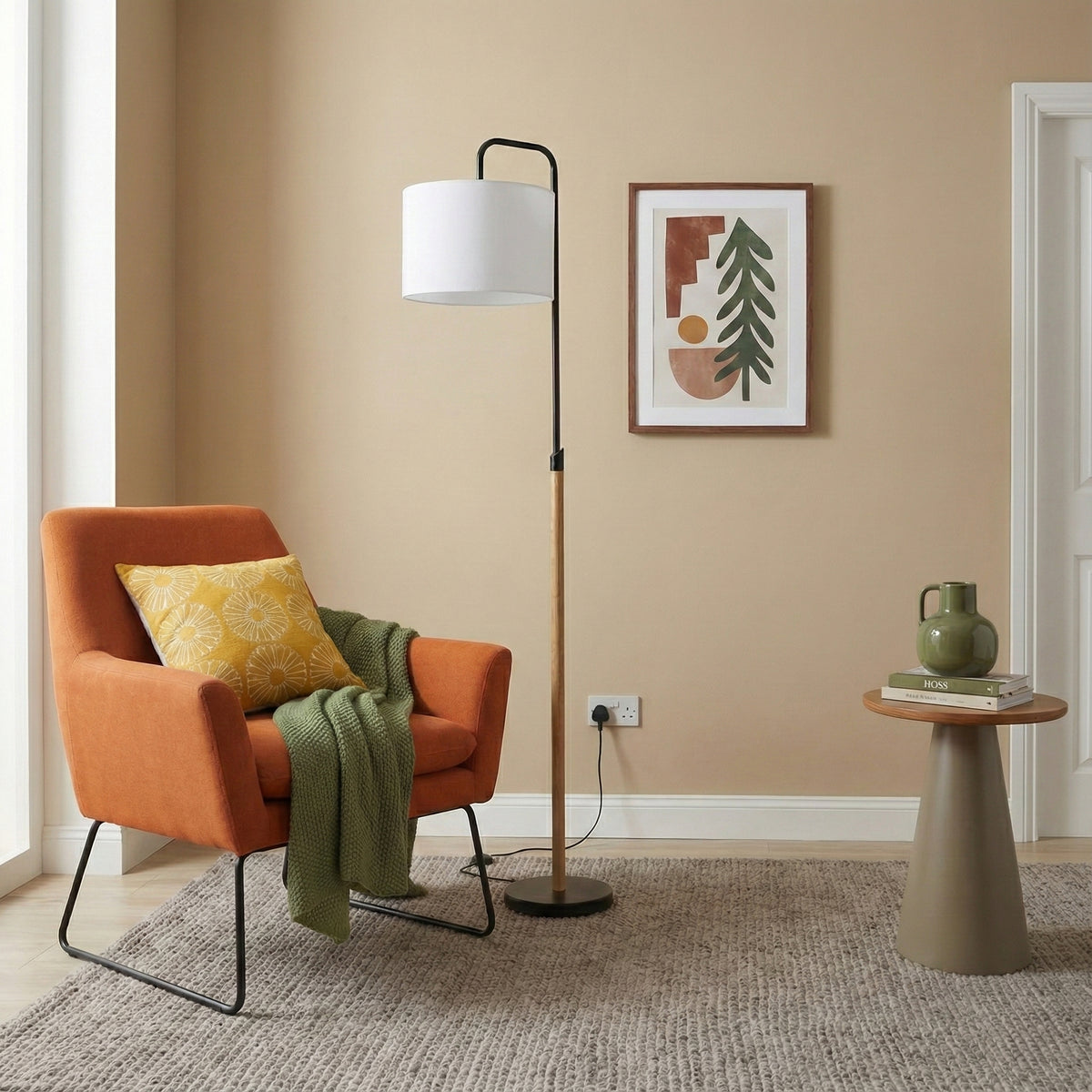 Curved Arc Floor Lamp, Cylinder Shade, Black Finish — detail view 2