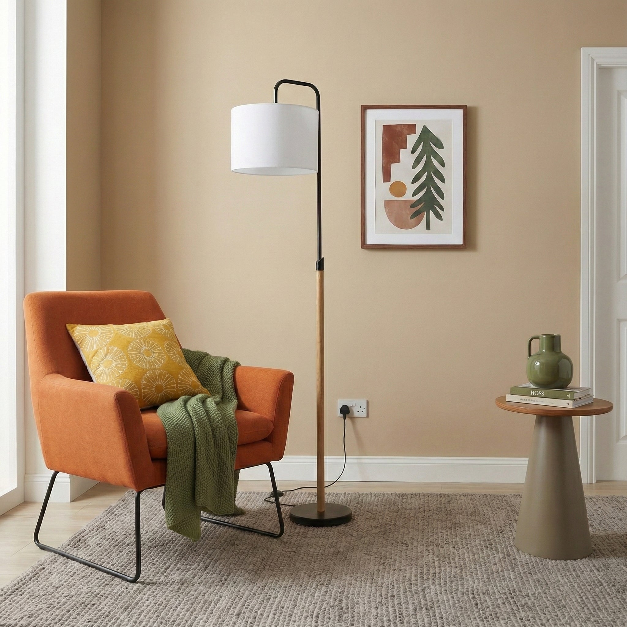 Curved Arc Floor Lamp, Cylinder Shade, Black Finish