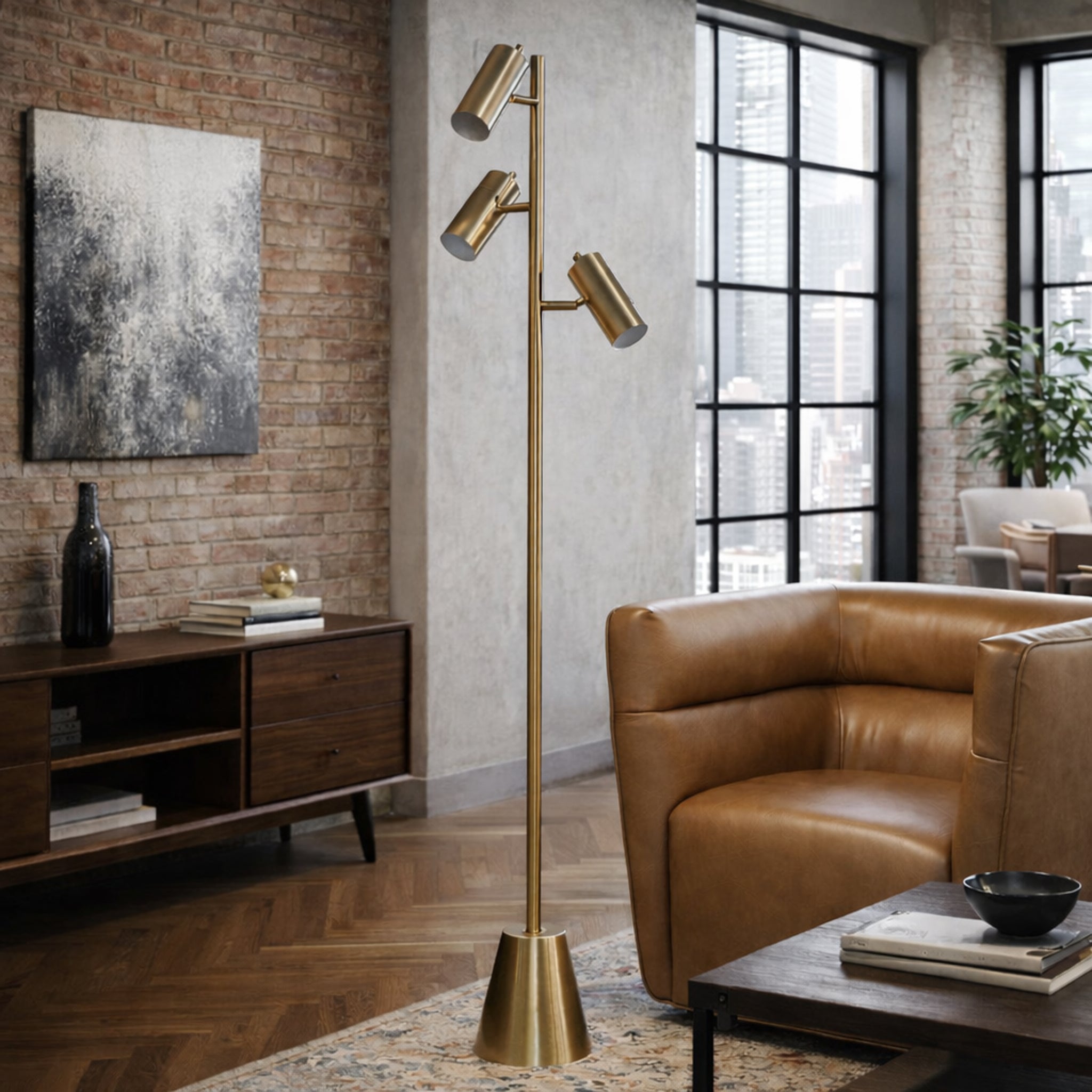 Brass Gold LED Floor Lamp, Rotary Switch, Triple Spotlights, Cone Base