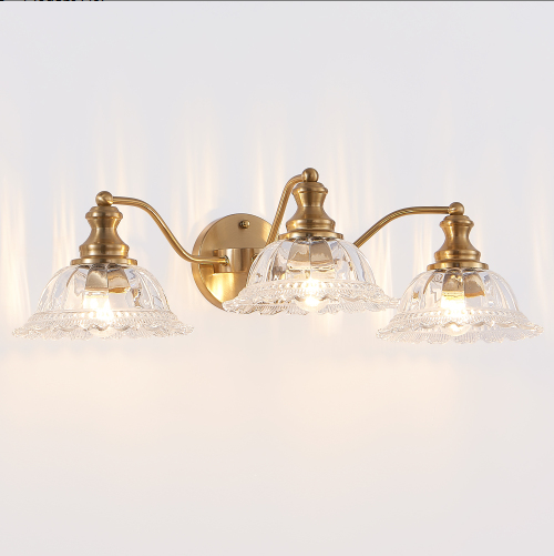 Vintage 3-Light Bathroom Wall Sconce, Iron and Glass Shades, Gold, 24 in., for Bathroom — detail view 4
