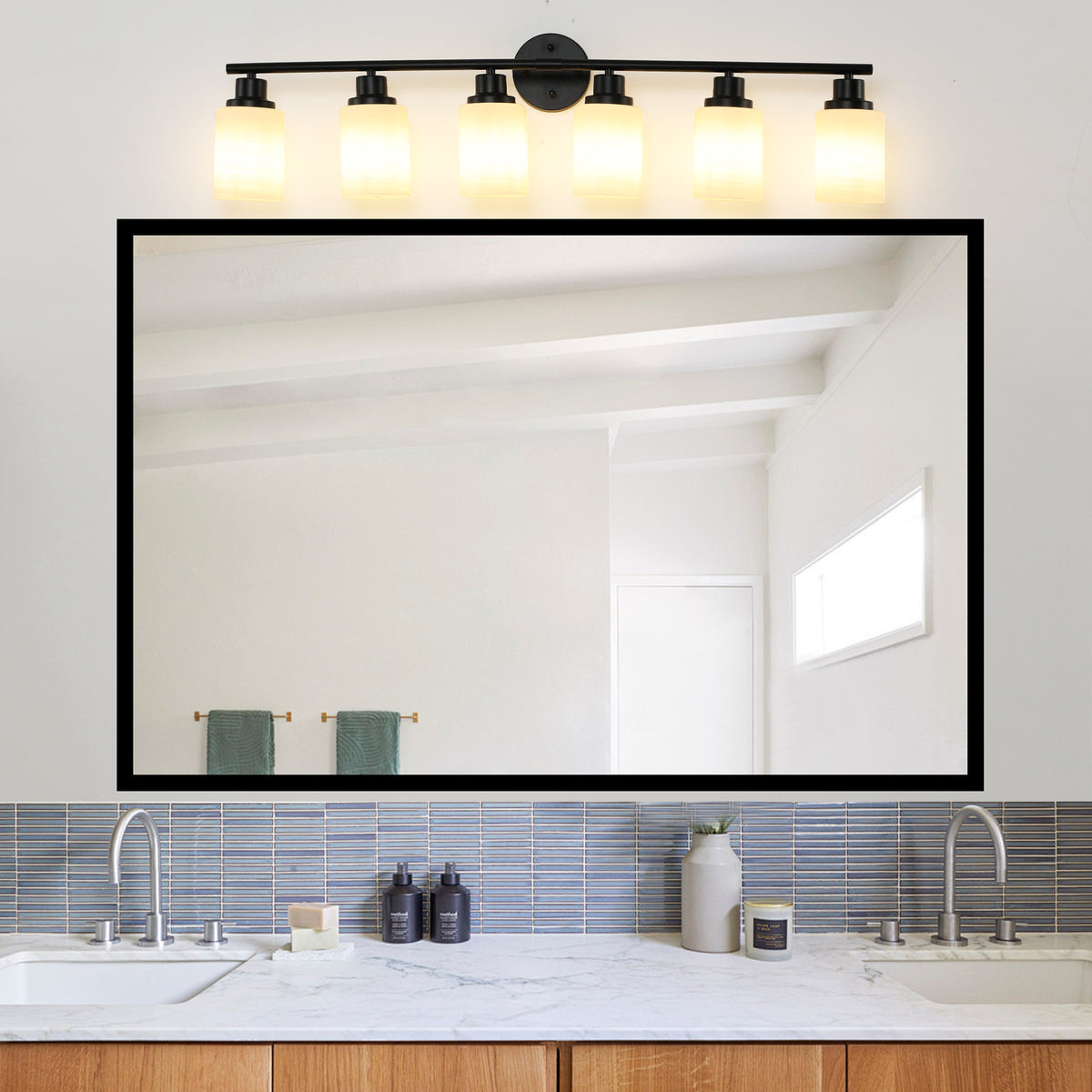 Modern 6-Light Vanity Bathroom Light, White Frosted Glass and Black Iron Frame, 39 in., for Bathroom — detail view