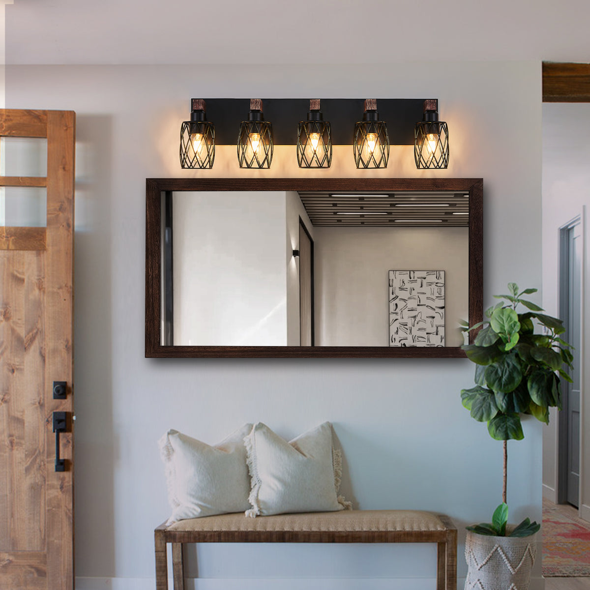 Industrial 5-Light Wall Sconce, Black Cage with Walnut Wood Accents, 31 in. for Living Room — detail view 2