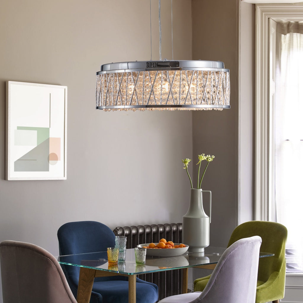 Modern Round Crystal Chandelier, Aluminum & Iron Frame, Chrome Finish, 19 in.