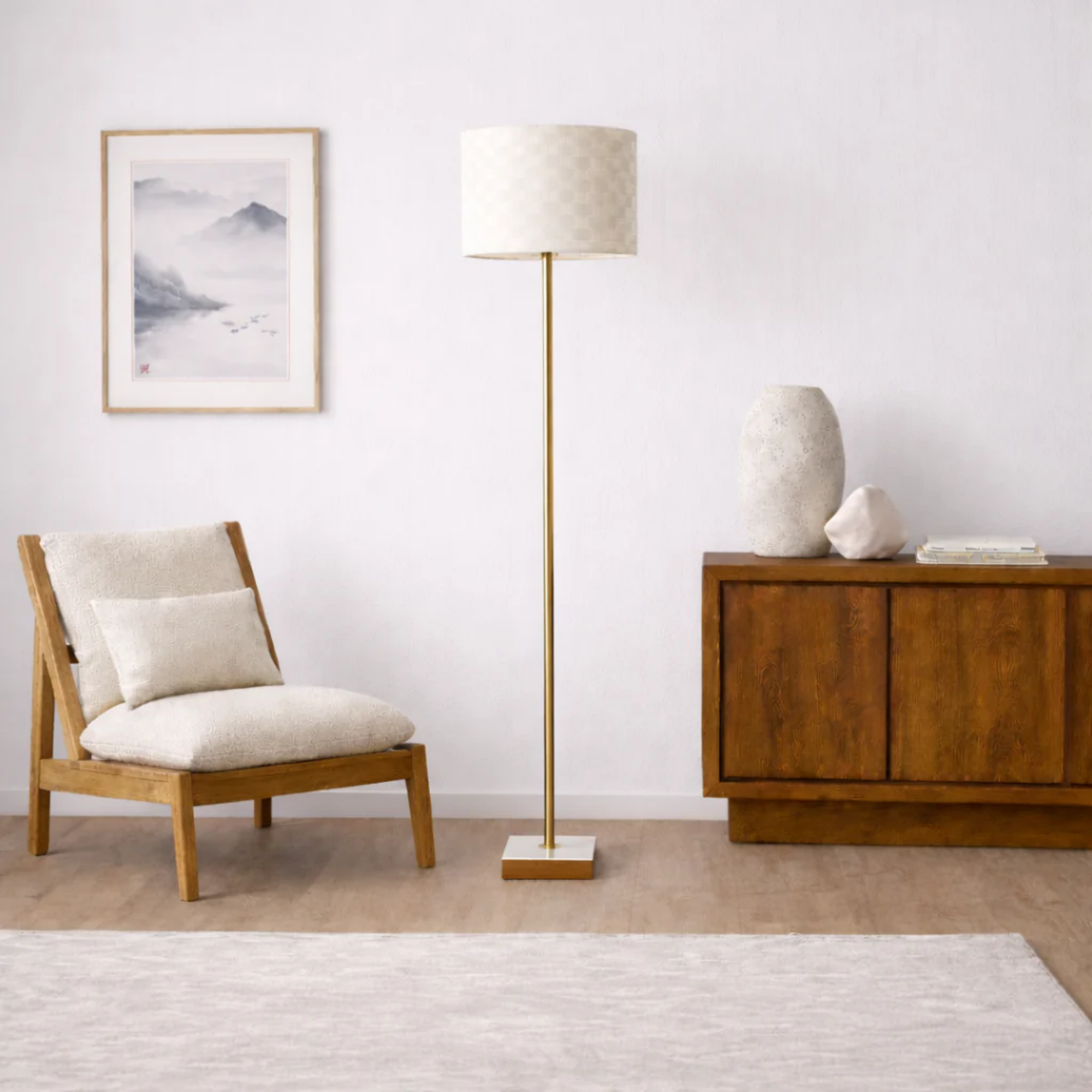 Minimalist Marble-Base Floor Lamp, Slim Silhouette, Neutral Fabric Shade, Gold Finish