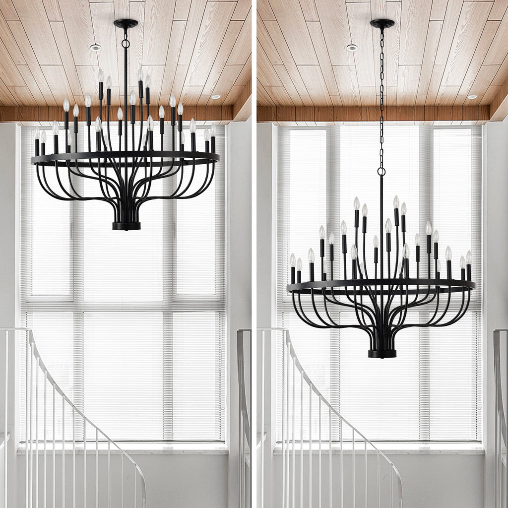 24-Light Iron Candle Chandelier, Matte Black Farmhouse, 39 In. Wide