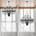24-Light Iron Candle Chandelier, Matte Black Farmhouse, 39 In. Wide