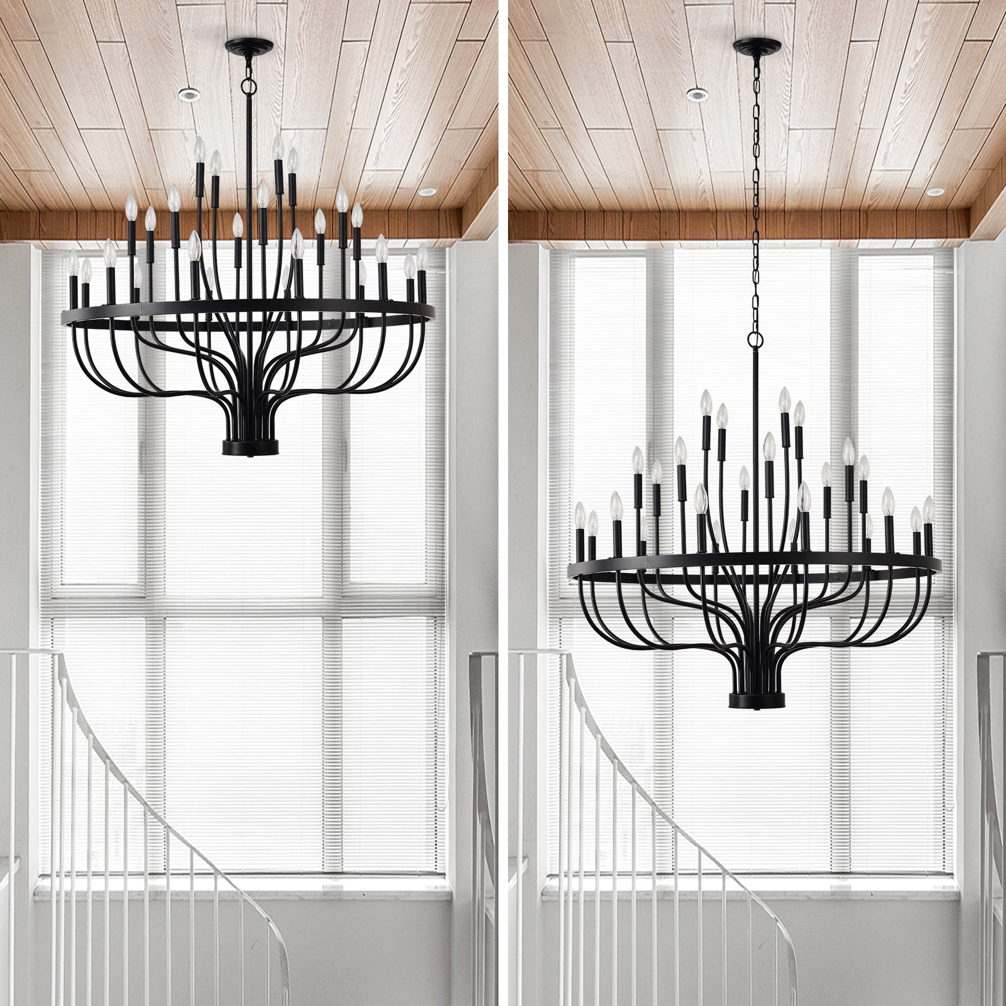 24-Light Iron Candle Chandelier, Matte Black Farmhouse, 39 In. Wide
