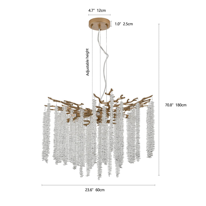 Dimension diagram for Gold Crystal Pendant Light with Cascading Strands, 24 Inch