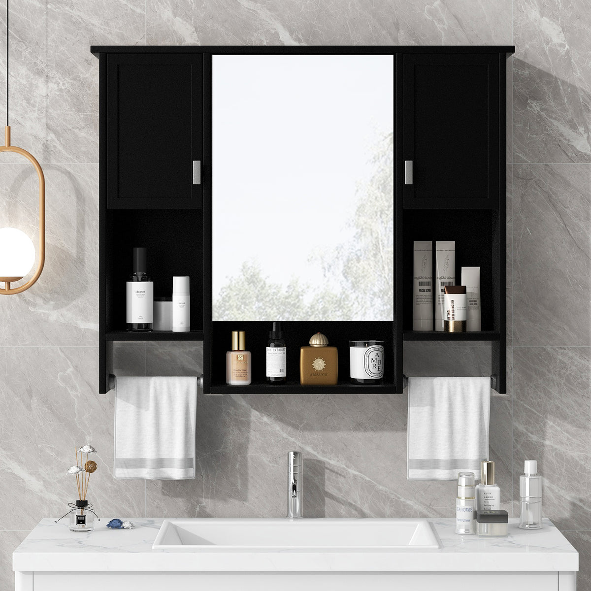 Modern Wall-Mounted Bathroom Medicine Cabinet with Mirror, Black Storage Cabinet, 35 x 28 in. — detail view 3