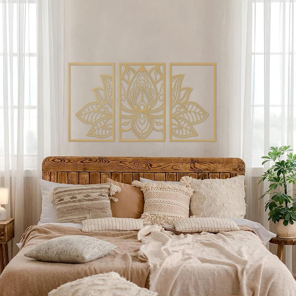 Handmade Metal Golden Lotus Mandala Wall Art - Boho Zen Decor For Livi