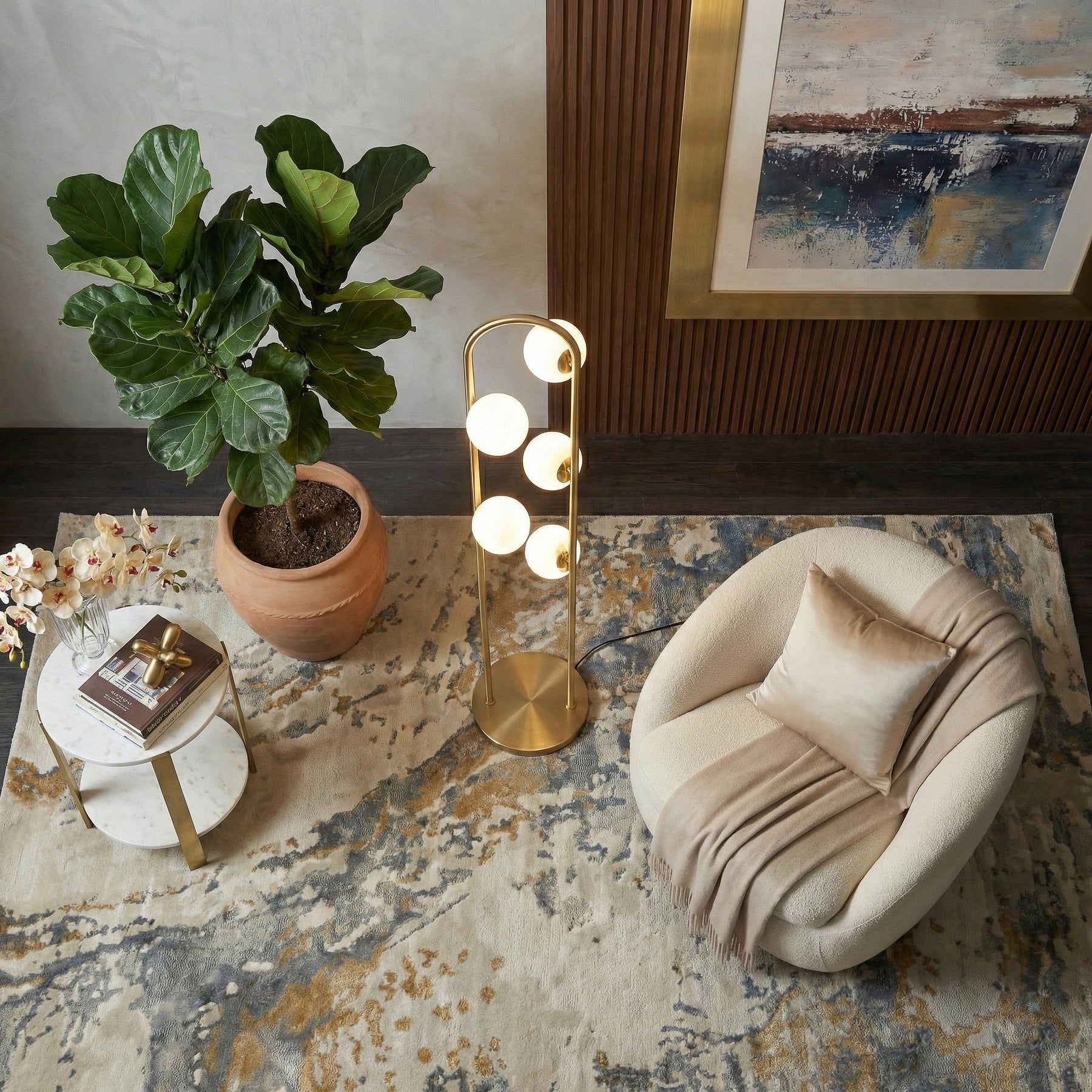 Modern Tall Corner Floor Lamp, White Drum Shade, Gold & White Finish — detail view
