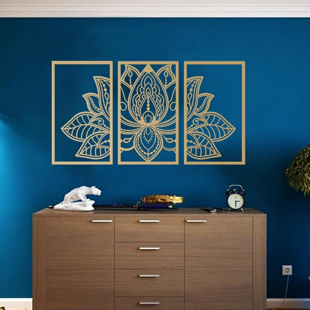 Handmade Metal Golden Lotus Mandala Wall Art - Boho Zen Decor For Livi