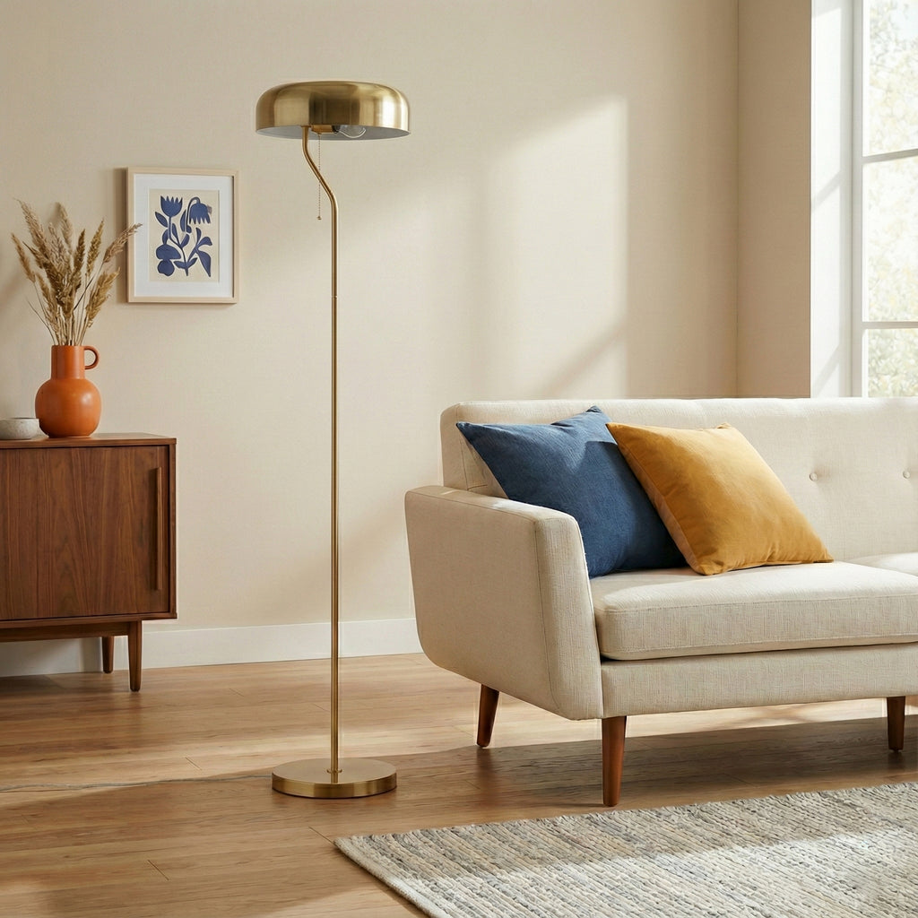 Tall Corner Floor Lamp, Gold Outer & White Inner Shade, Living Room Lighting