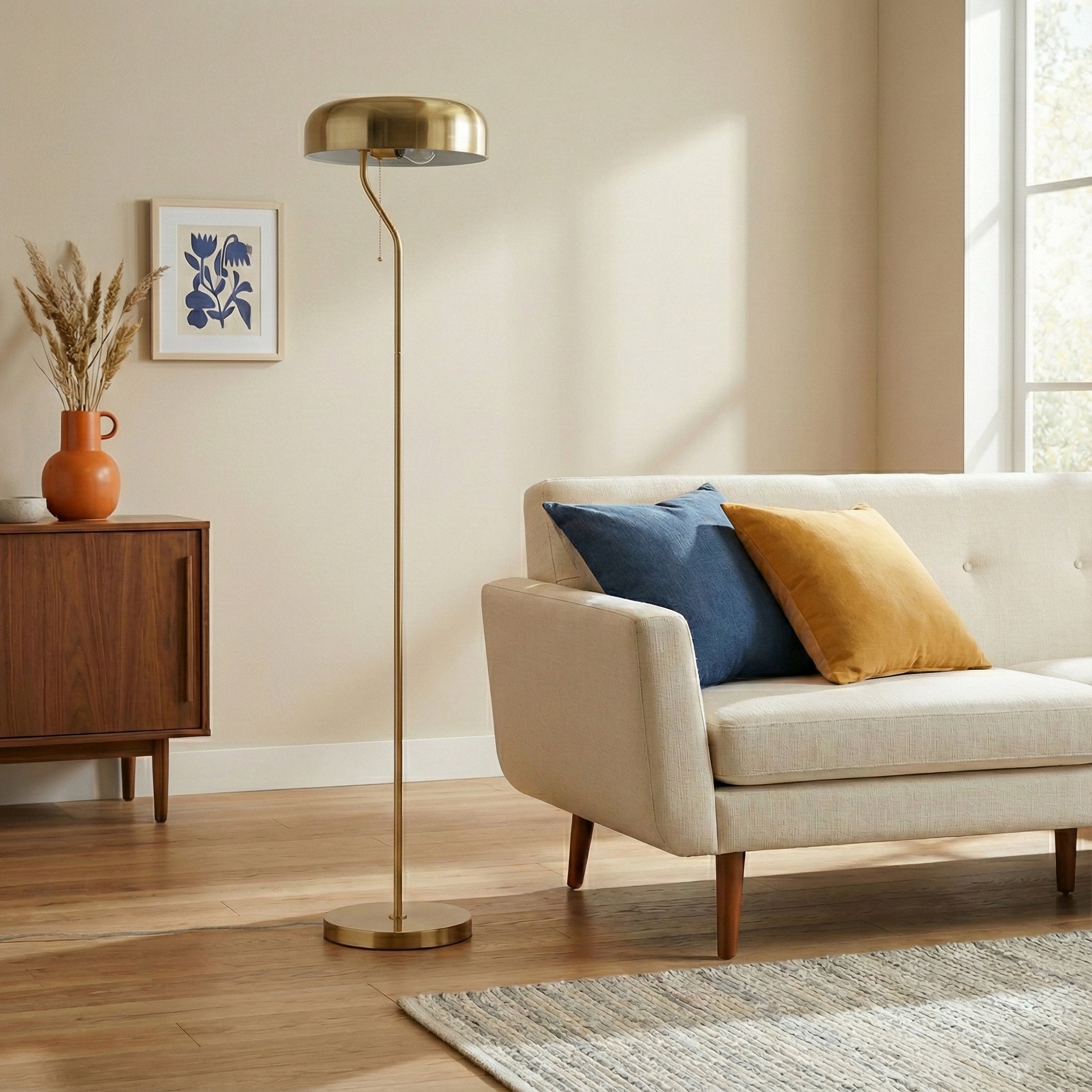 Tall Corner Floor Lamp, Gold Outer & White Inner Shade, Living Room Lighting