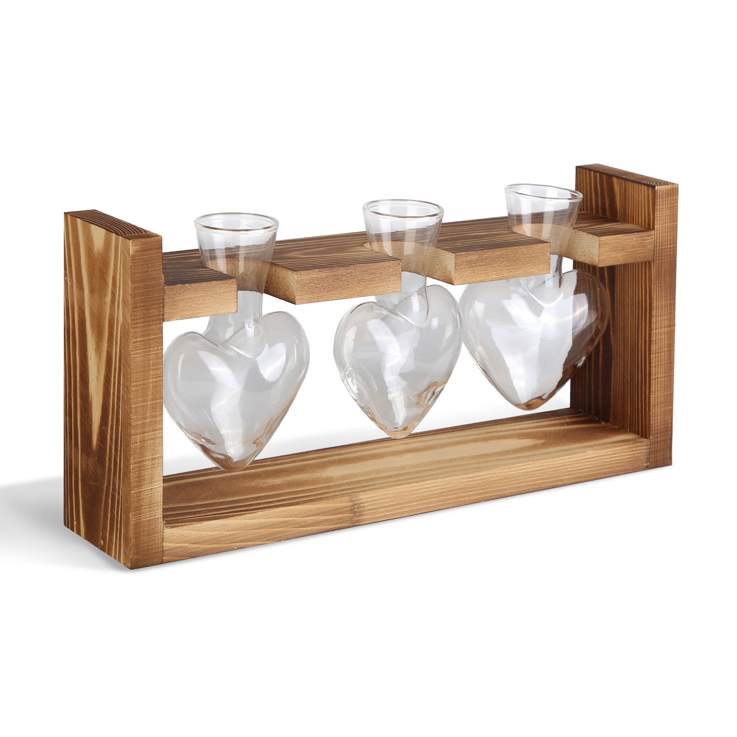Wood Plant Propagation Station Terrarium, 3 Heart-Shaped Glass Vases