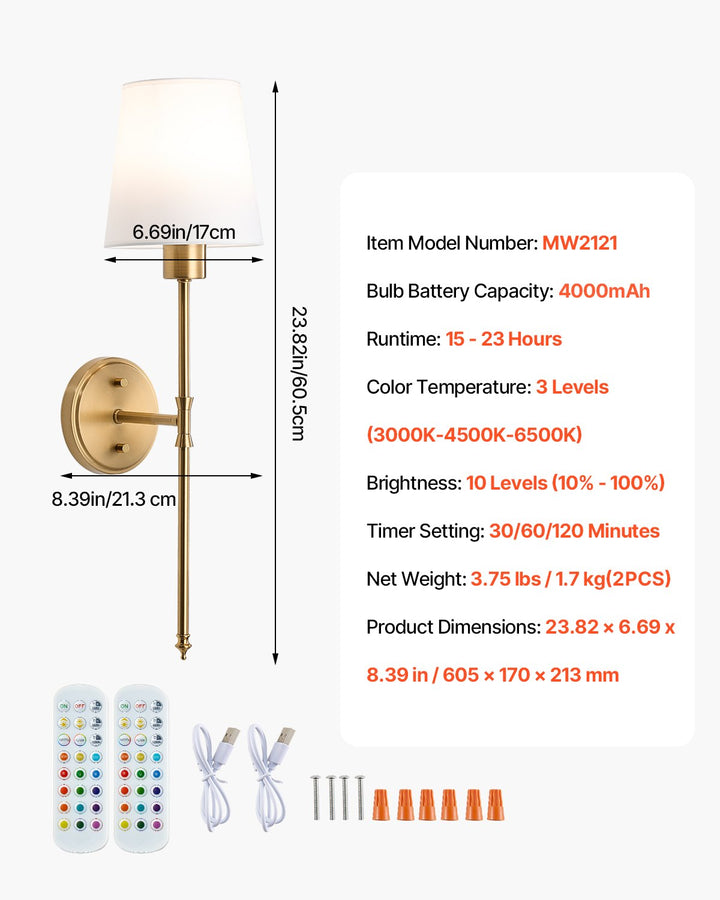 Dimension diagram for Battery-Operated Wall Sconce with Remote, Wireless, Gold, Set of 2 for Living Room