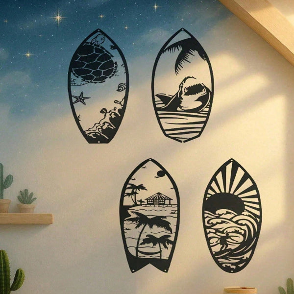Metal Surfboard Wall Art, Coastal Beach House Decor, Modern Nautical, Set of 4 for Living Room — detail view 3