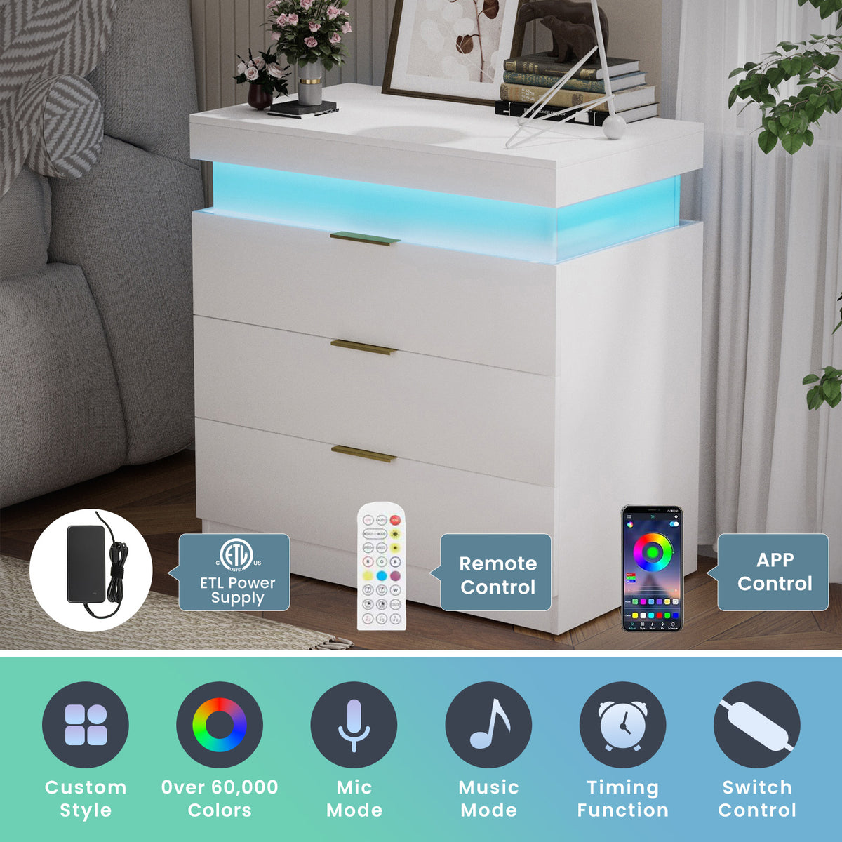 LED Nightstand with Charging Station and Sliding Top, White