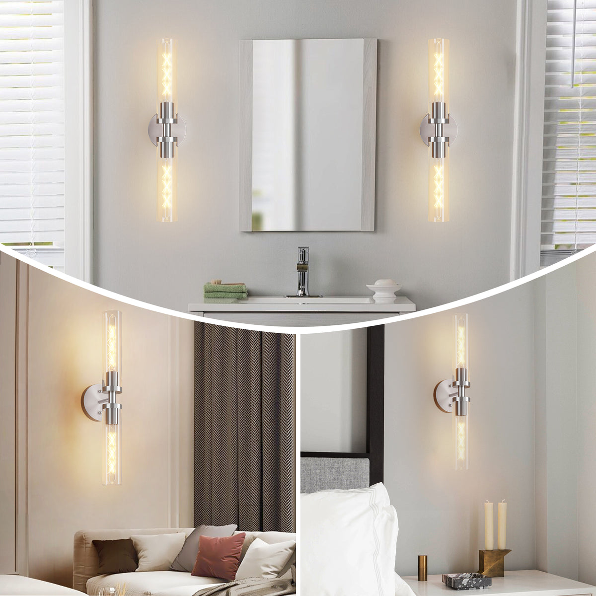 Wall Sconce Light, Brushed Nickel Finish, Clear Glass Shade, Set of 2 for Hallway — detail view 3
