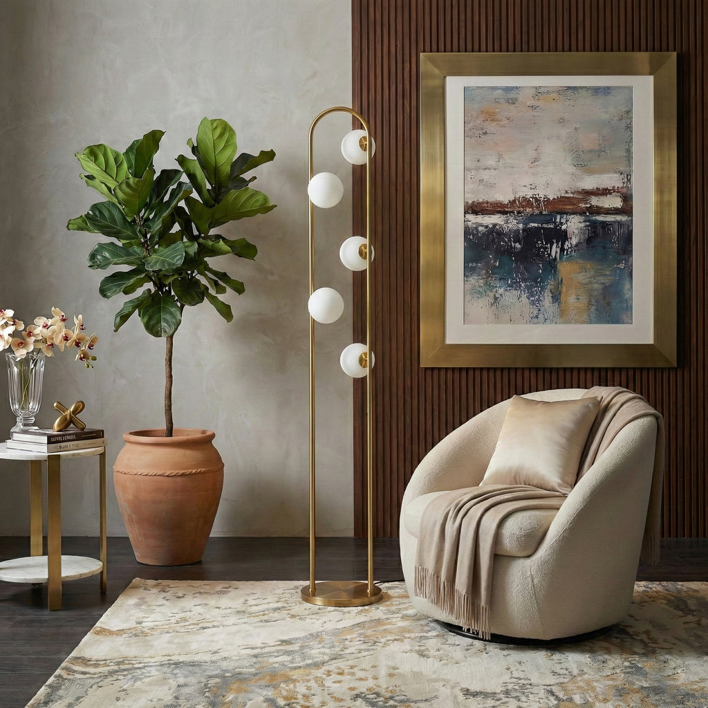 Modern Tall Corner Floor Lamp, White Drum Shade, Gold & White Finish