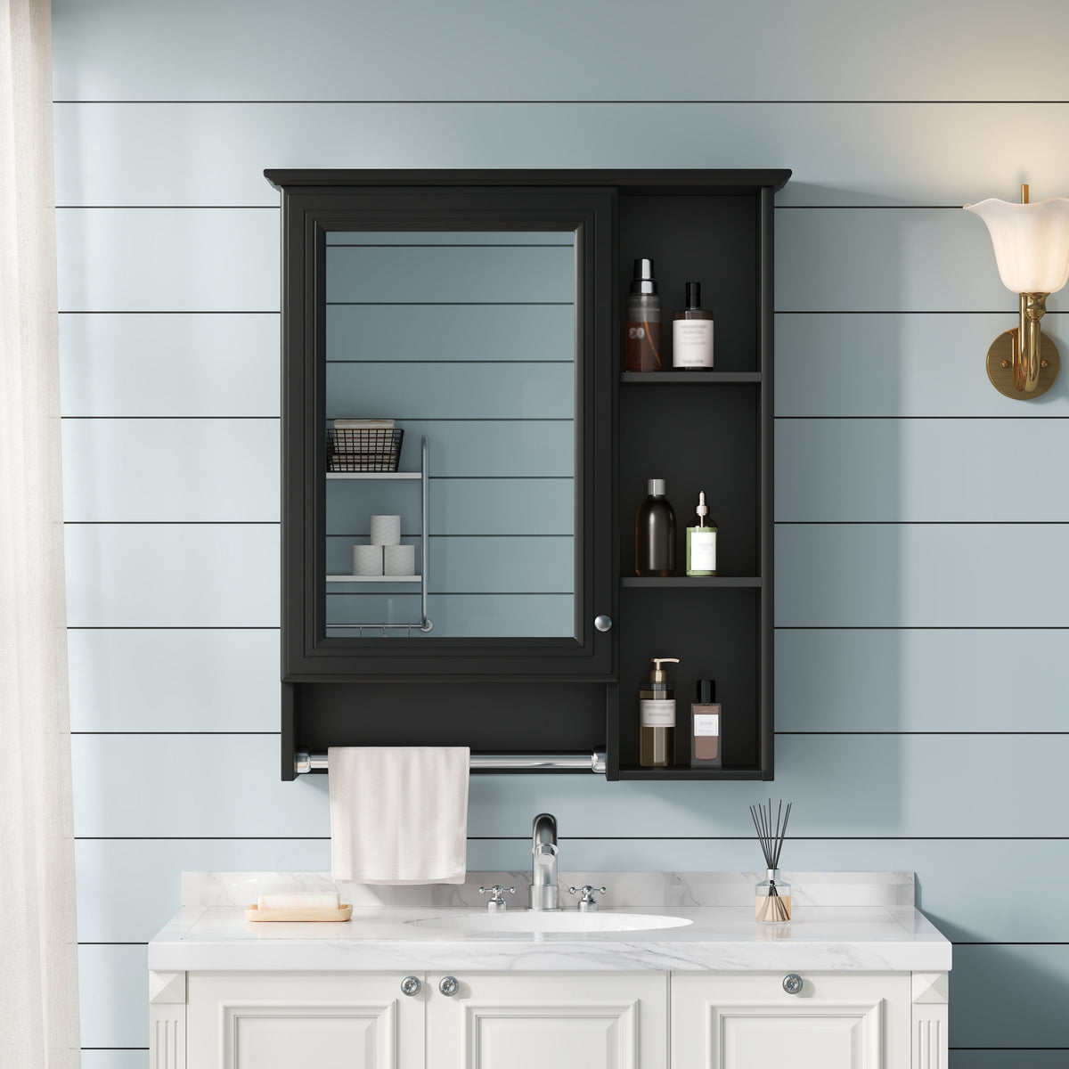 3-in-1 Bathroom Mirror Cabinet, Wall-Mounted Medicine Cabinet with Adjustable Shelf and Towel Bar, Black, 24 in. — detail view 3