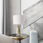 Brass and Glass Cloche Table Lamp, White Drum Shade