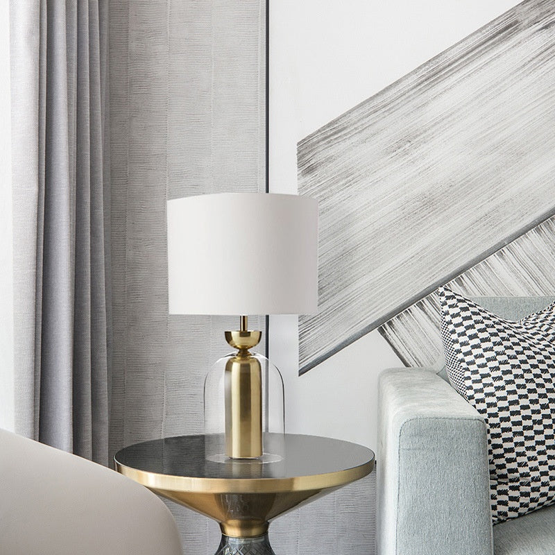 Brass and Glass Cloche Table Lamp, White Drum Shade
