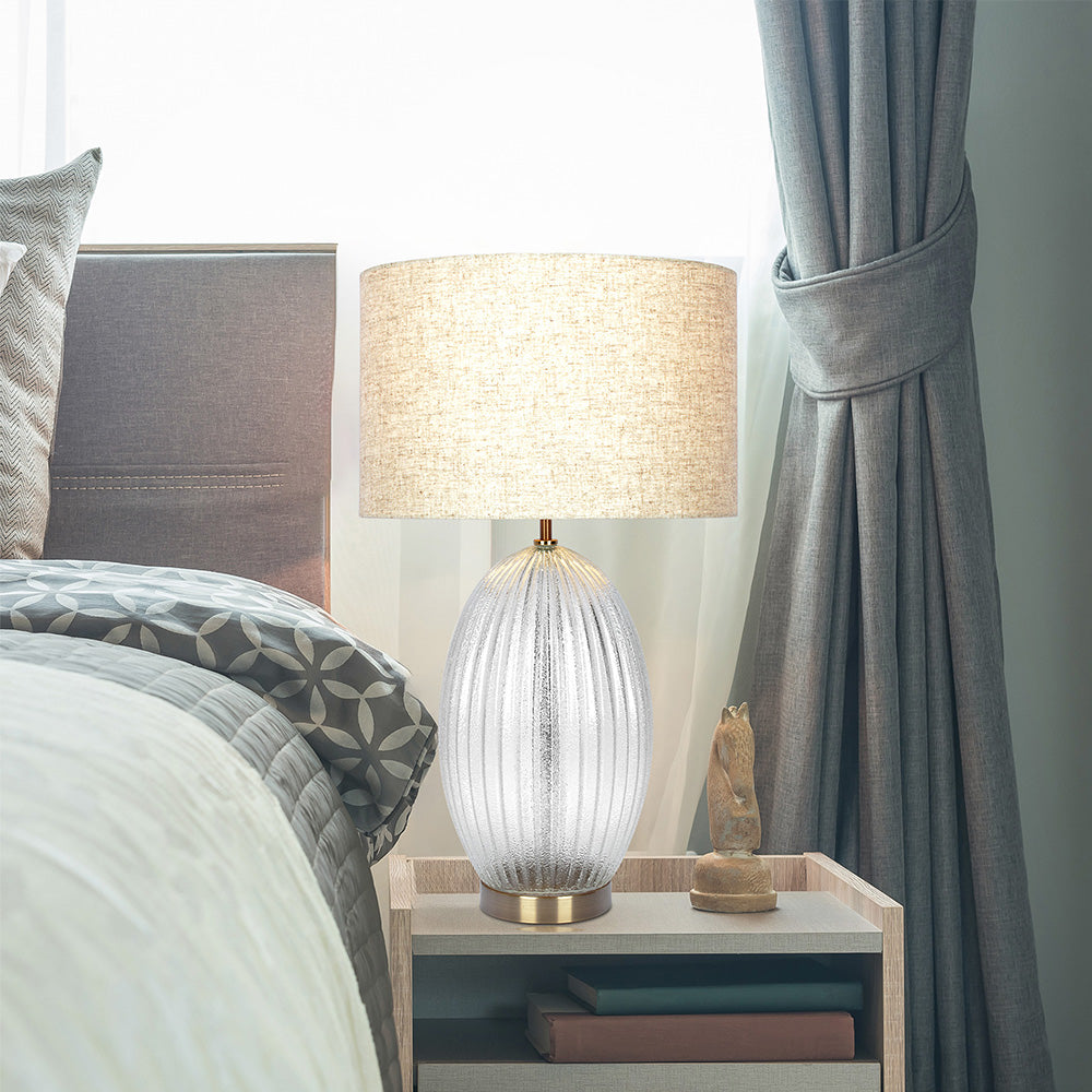 Ribbed Glass Table Lamp with Large Linen Shade, Clear and Gold Finish — detail view 4