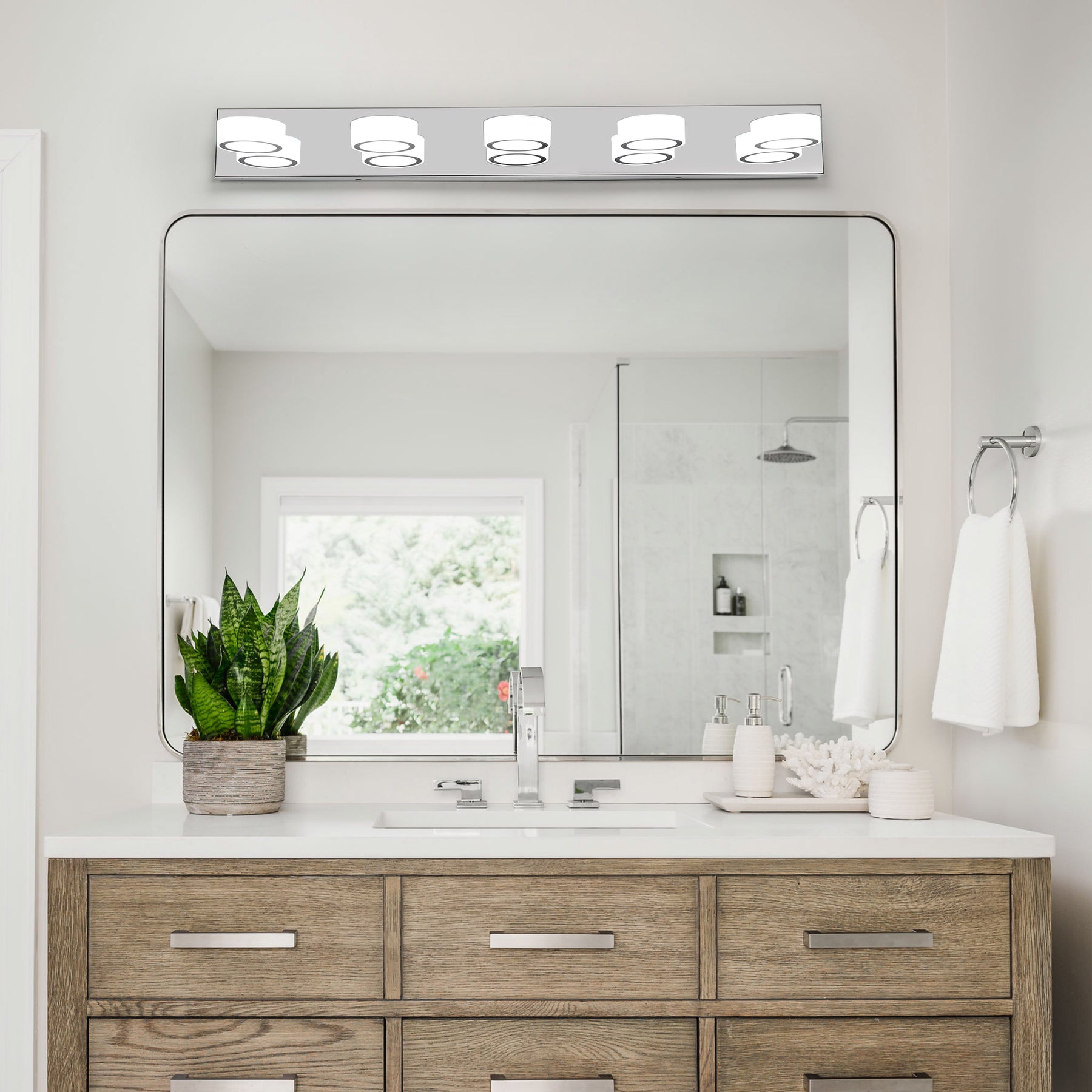 Modern 5-Light LED Vanity Light Bar, Acrylic Shade, Chrome, 37 in. for Bathroom — detail view