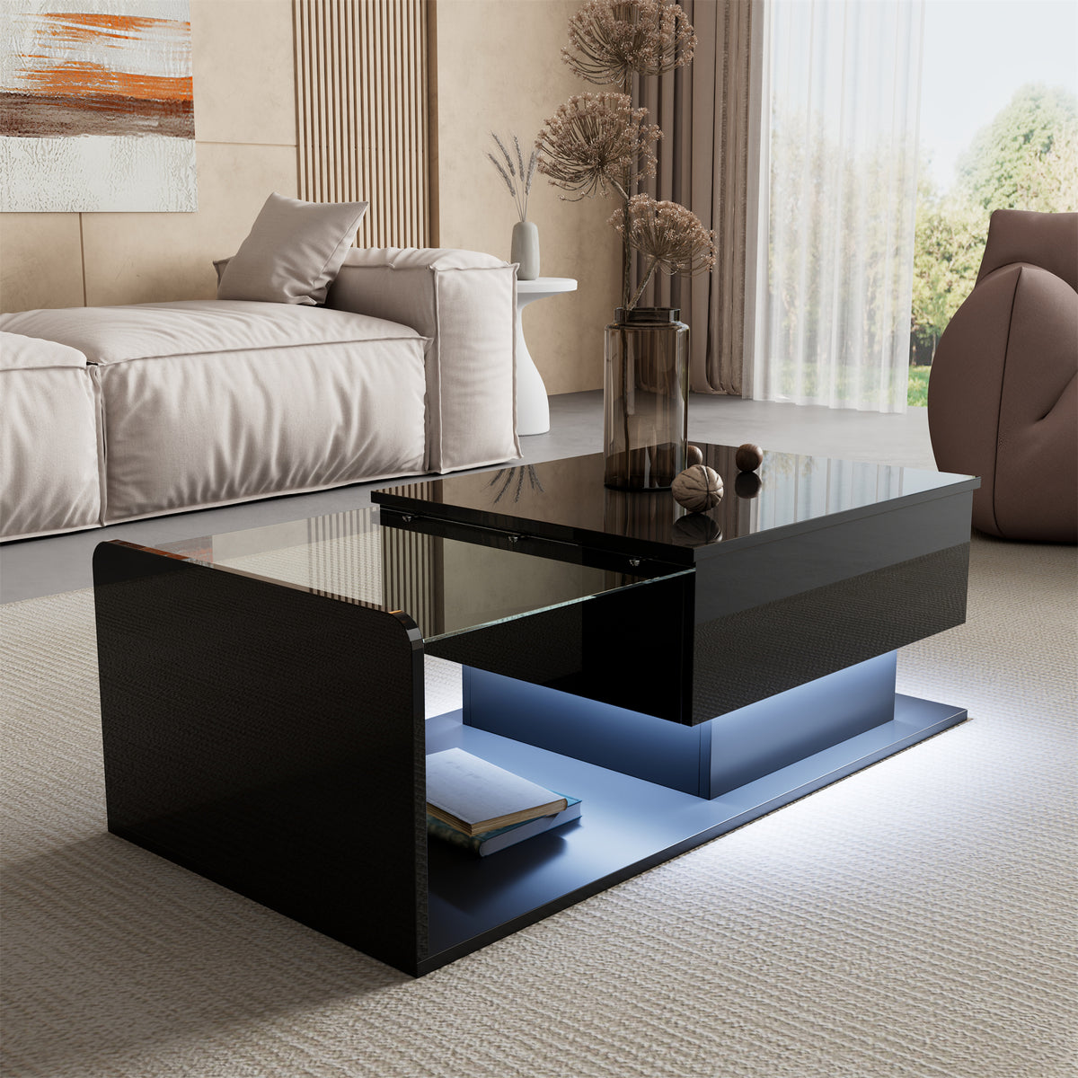 High-Gloss LED Coffee Table with Glass Top, Black
