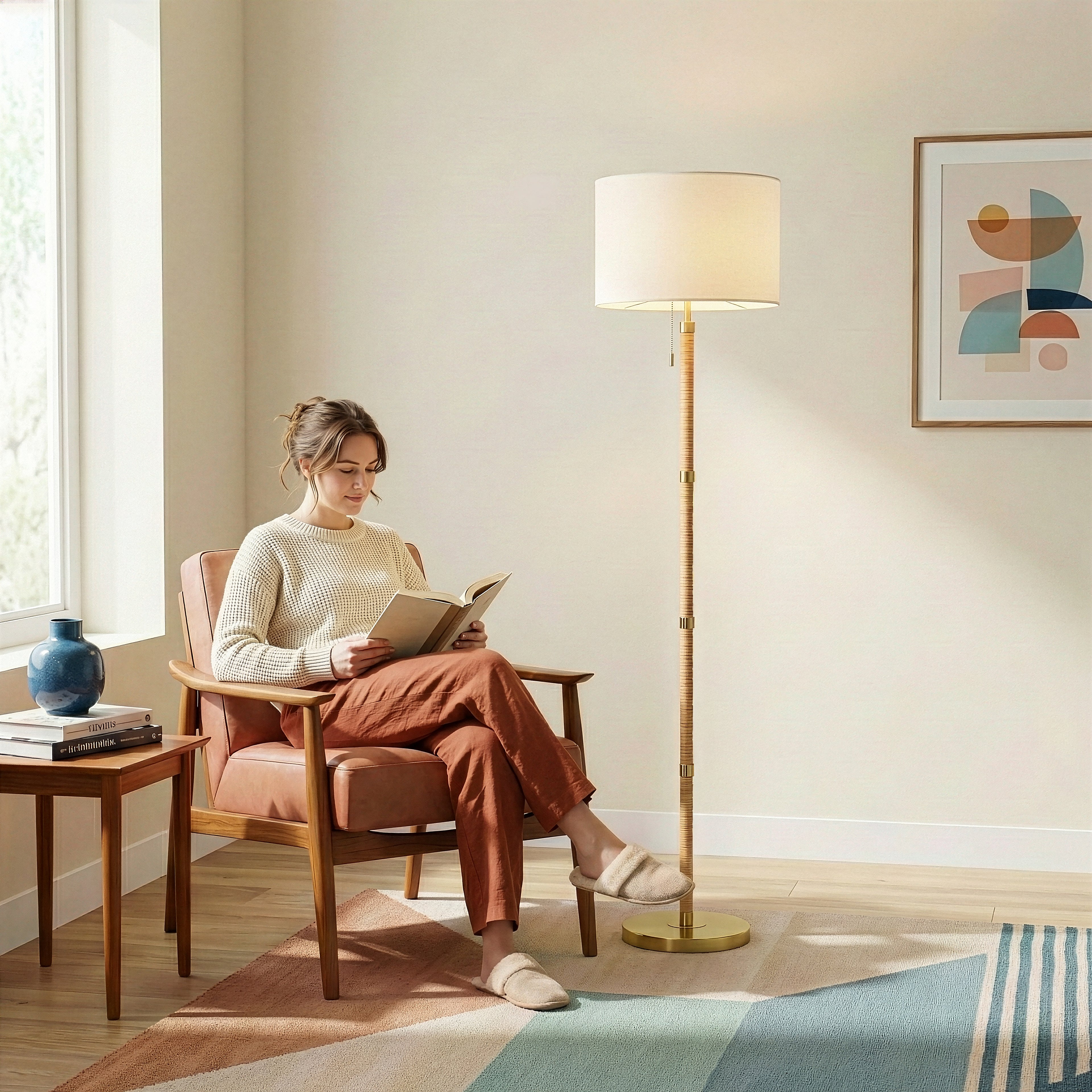 Brass Metal Tube Floor Lamp, Rattan Details, White Linen Shade, Gold Finish