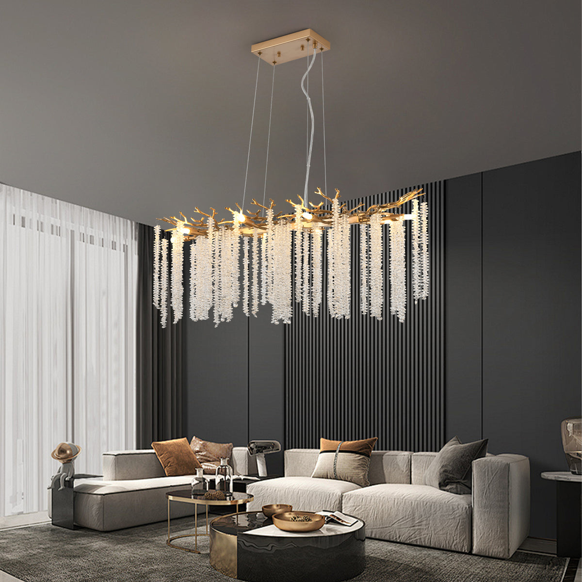 Cascading Crystal Pendant Light, 39 In. Gold Iron Frame