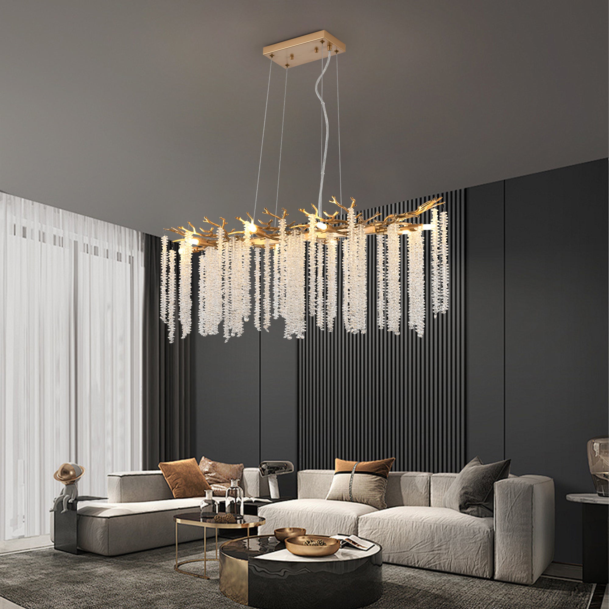 Cascading Crystal Pendant Light, 39 In. Gold Iron Frame